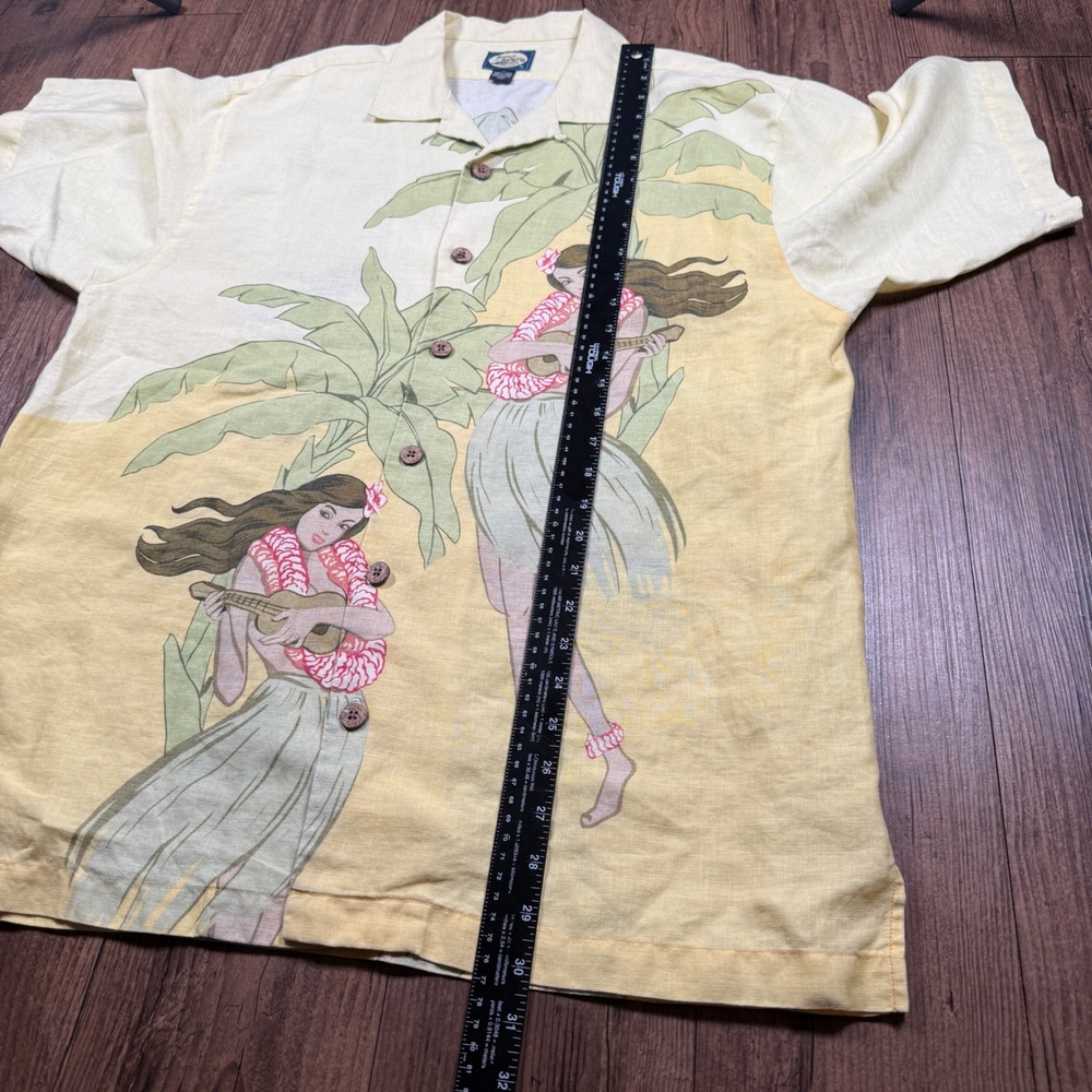 Tommy Bahama Linen Camp Shirt Men M Cream Hula Girl Ukulele Tropical Resort Loop - Picture 6 of 8